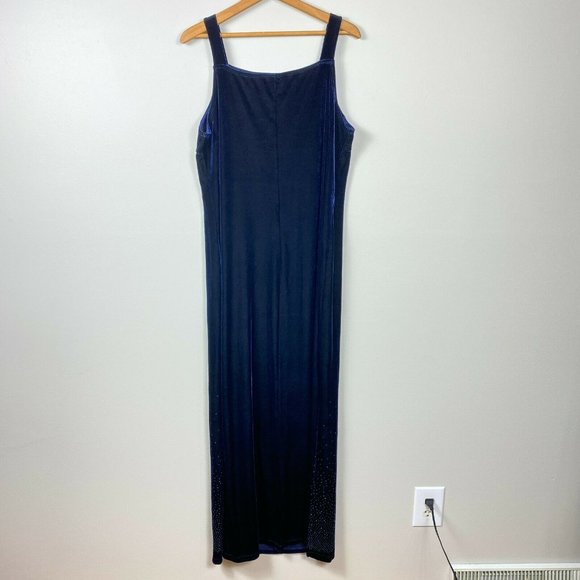 Finesse Gown Maxi Dress 2X Rhinestone Embellished Velvet Square Neck Navy Blue - Picture 5 of 8